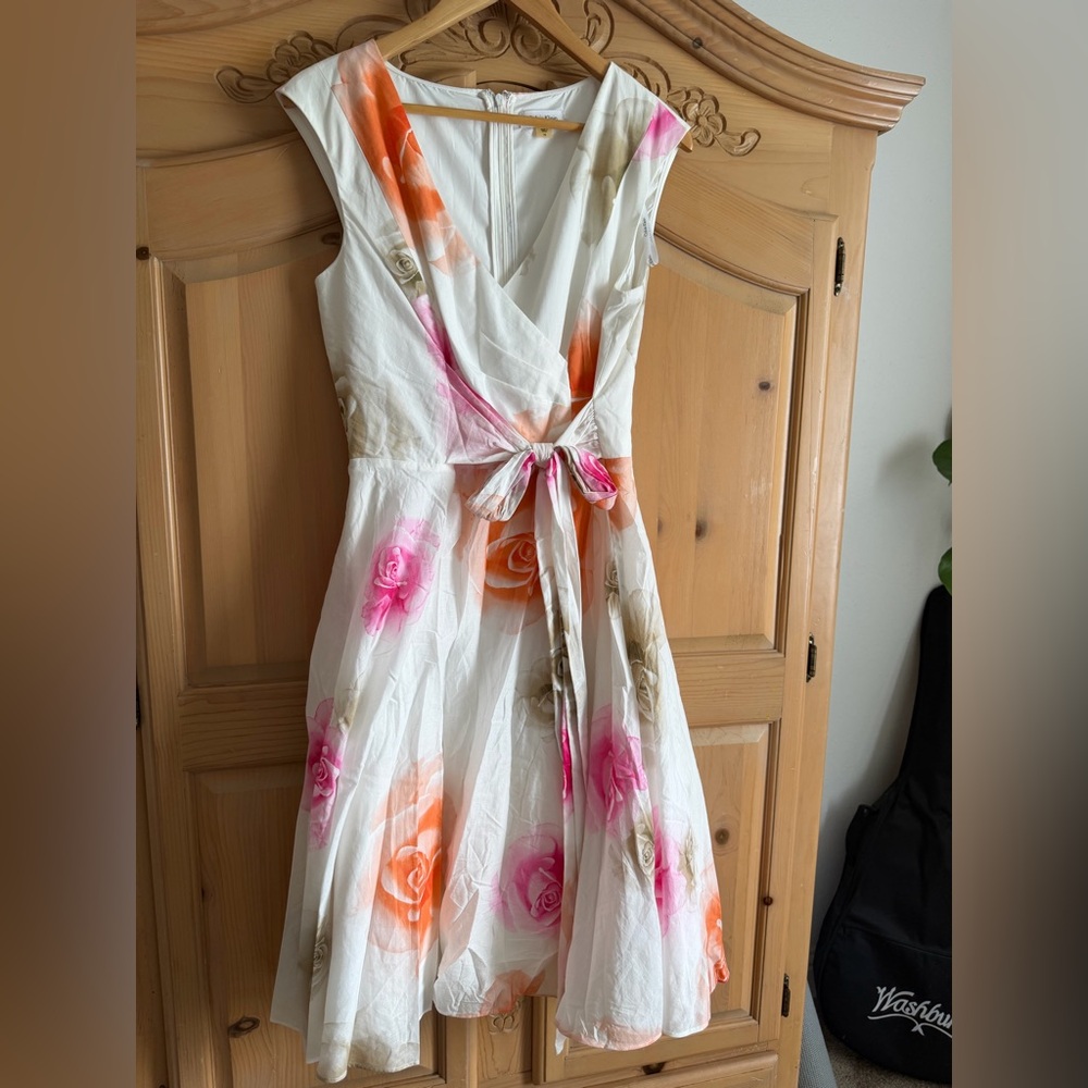 Calvin Klein White Midi Wrap Dress with Pink & Orange Rose Print